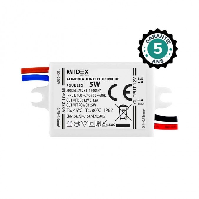 Alimentation pour LED 5W 12V DC - Garantie 5 ans