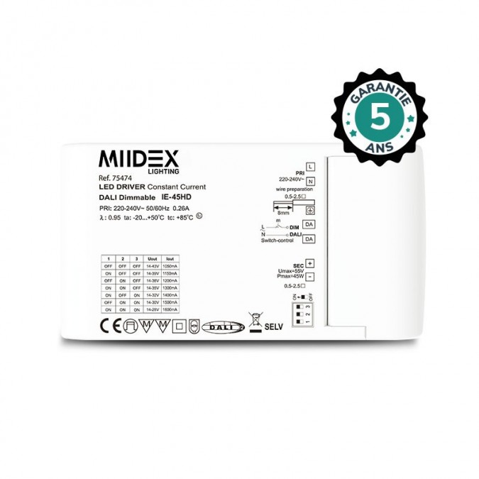Alimentation pour LED 14-43VDC DALI PUSH 45W 1050-1600mA - Garantie 5 ans