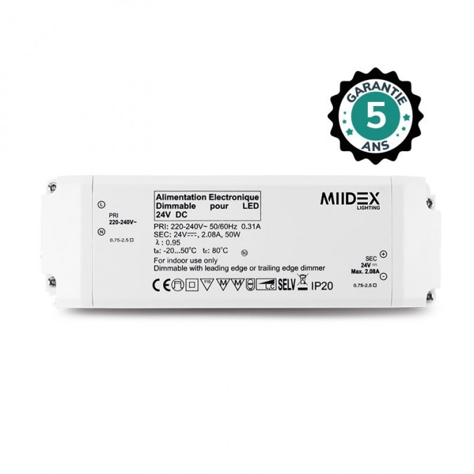 Alimentation pour LED 24VDC 50W Dimmable Coupure de phase - Garantie 5 ans