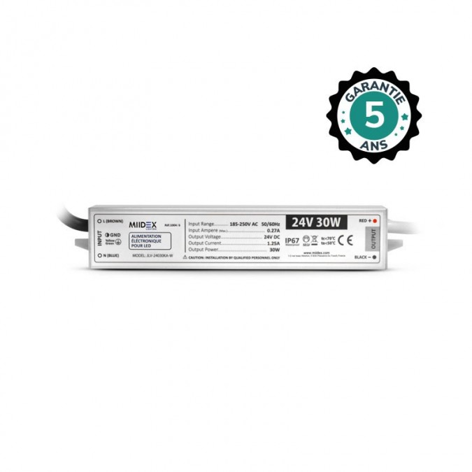 Alimentation pour LED 30W - 24V DC - IP67 - Garantie 5 ans