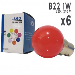 Lot de 6 ampoules LED B22 1W Rouges Incassables (équivalence 15W) pour Guirlande Extérieure